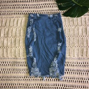 Distressed denim skirt